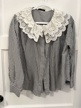 Zara Black & White Striped Button-Down with Eyelet Collar